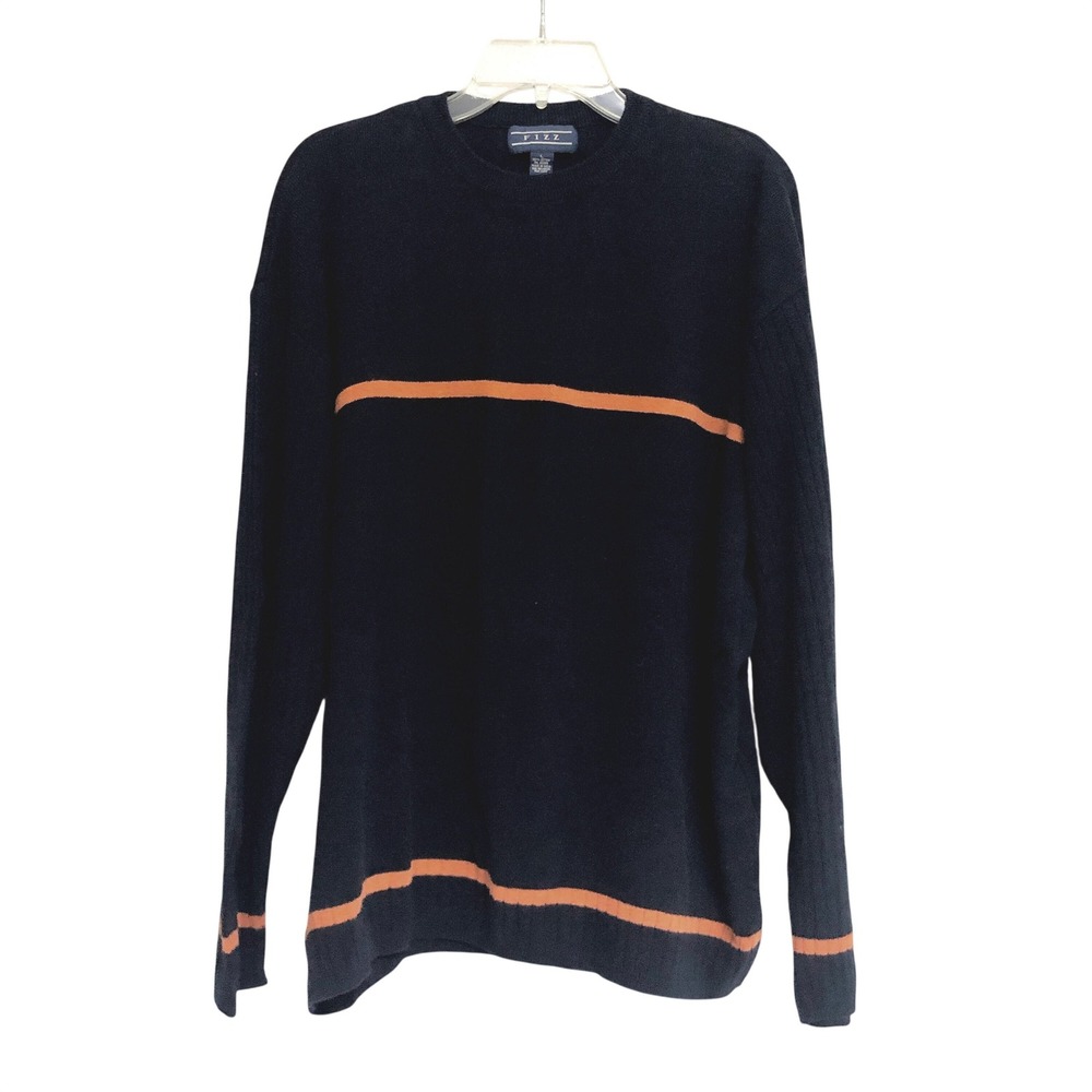 Fizz Cotton Sweater Mens Large L Navy Blue Orange Stripe‎ Preppy Sporty Casual